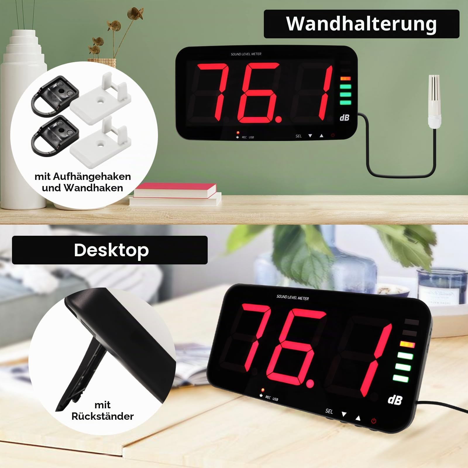 Dezibelmessgerät, 13 Zoll, wandhängendes Schallpegelmessgerät, Datenlogger, Geräuschmessgerät mit 16,4 Fuß Schallsensor, akustisches und visuelles Alarmschallmessgerät