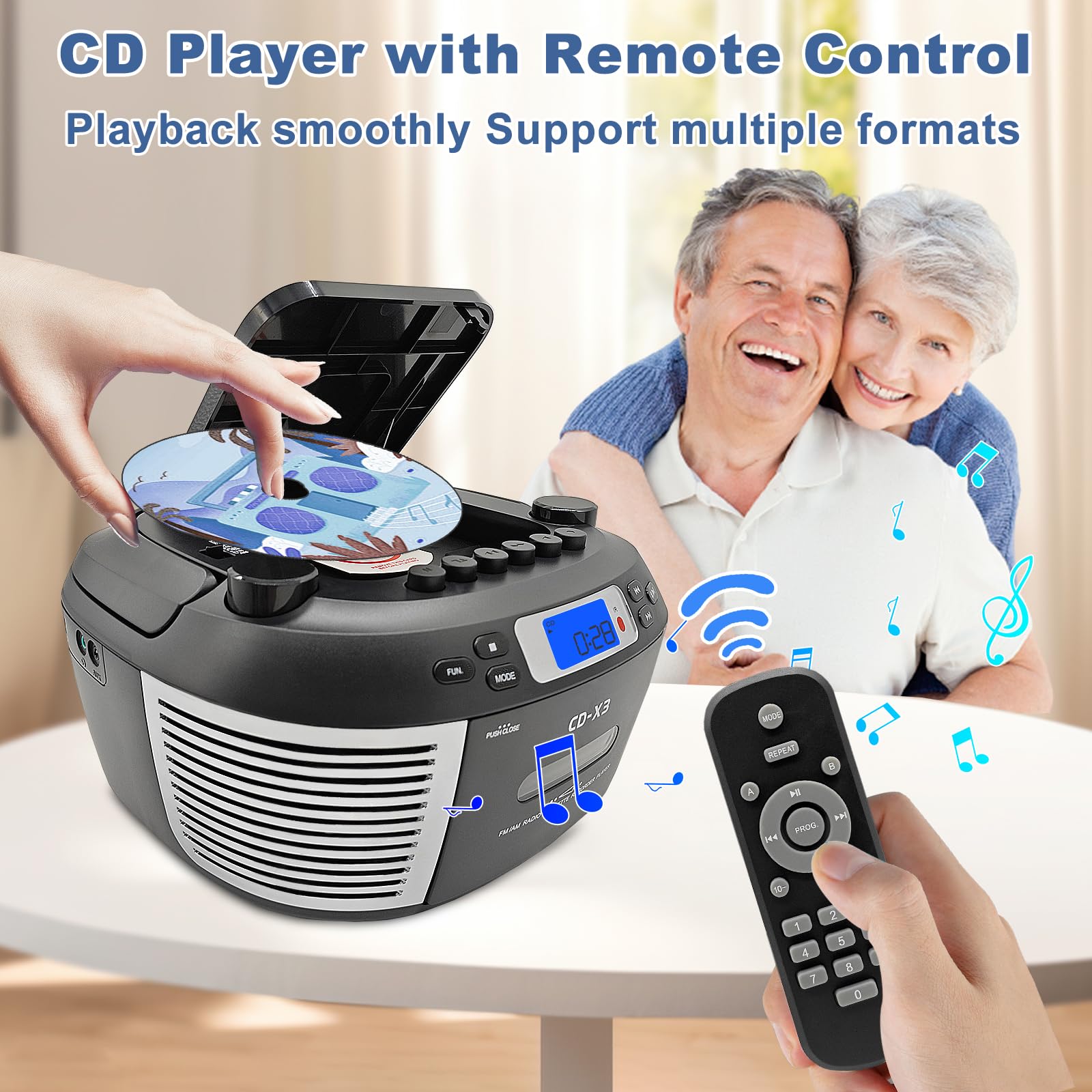 Tragbarer CD- & Kassettenplayer mit Fernbedienung – Inklusive FM/AM-Radio, USB-Wiedergabe, Bluetooth-Lautsprecher, Aufnahmefunktion und Netz-/Batteriebetrieb (Nicht inkl)