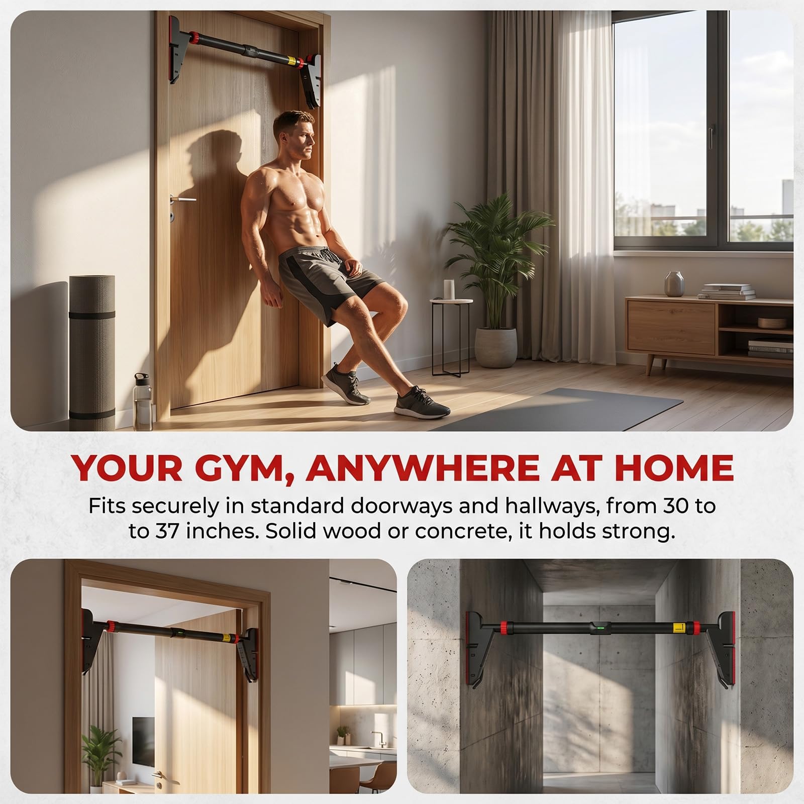 Klimmzugstange Türrahmen Ohne Schrauben, 200KG Tragkraft, Drehbares Zahnradschloss, Verstellbar 75-94CM, Rutschfestem, Pull Up Bar für Oberkörper Training Heimfitness