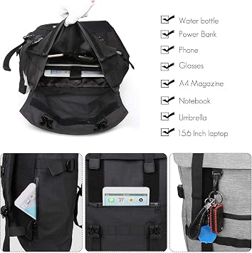 FANDARE Roll-top Backpack Expandable Daypacks Anti-Theft Rucksack ager Bag Lightweight Knapsack Field Pack for Men Women Outdoor Travel Hiking Camping Campus Gray