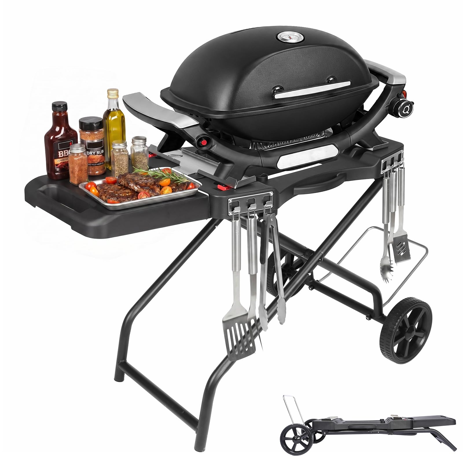 Carro de barbacoa portátil con rueda para Weber Q1200, Q1000, Q2200, Q2000 Serie y Blackstone 43/56 cm, plancha de mesa, soporte plegable