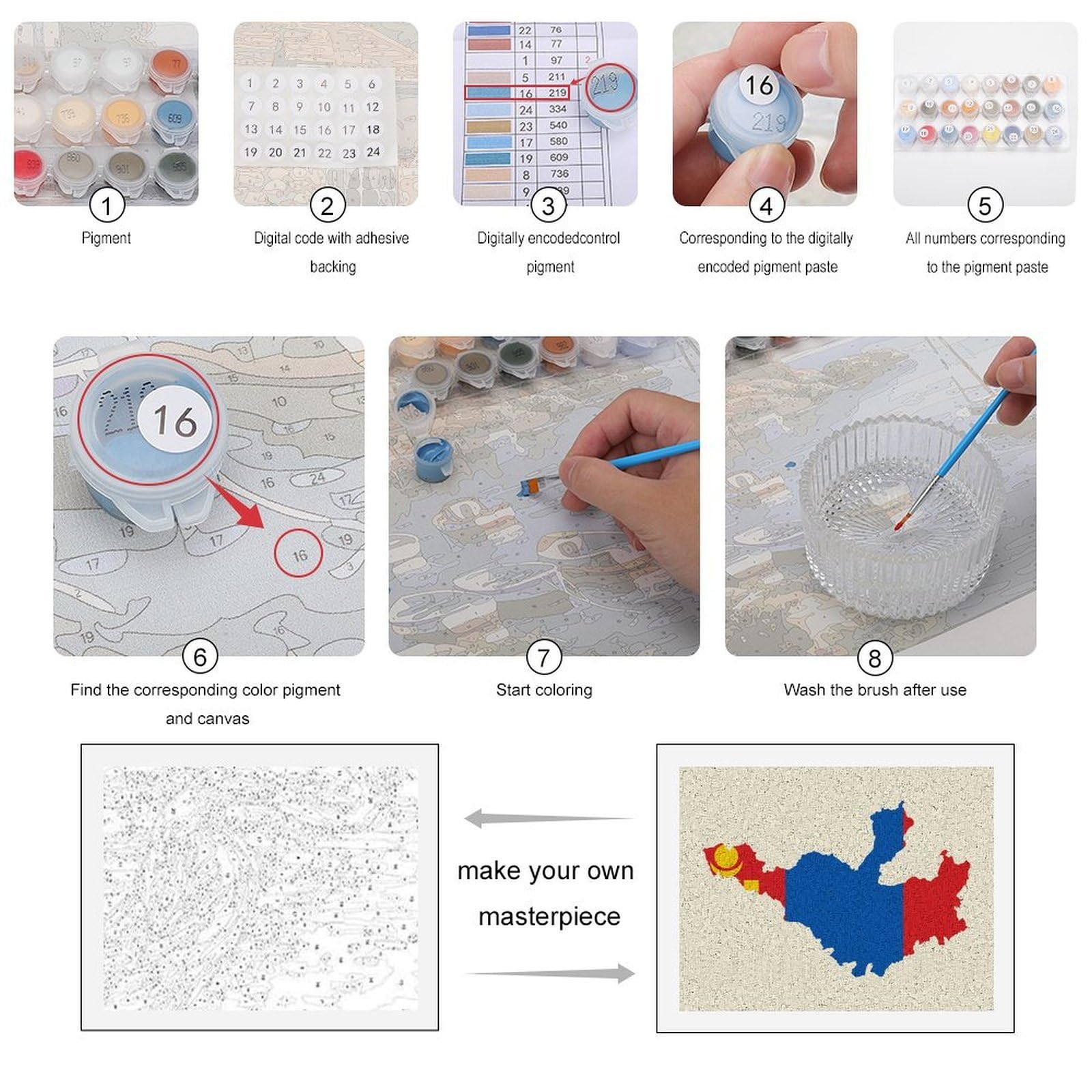 Lustige Malen-nach-Zahlen-Kits für Erwachsene, Motiv: Flagge, Karte der Mongolei, DIY-Ölgemälde, inklusive Pinsel und Farben