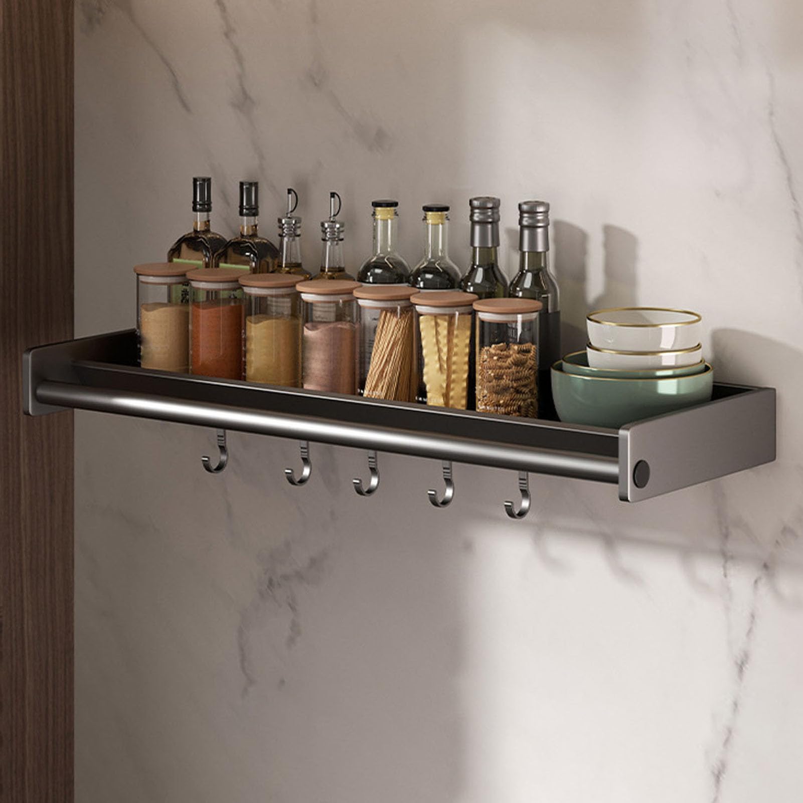 Gris,60cm,Étagère à Épices Murale, Rangement Epices Cuisine Suspendue, Etagere Cuisine avec Crochets Et Porte-Rouleau De Cuisine, Porte Épices Cuisine pour Épices, Canettes, Pots