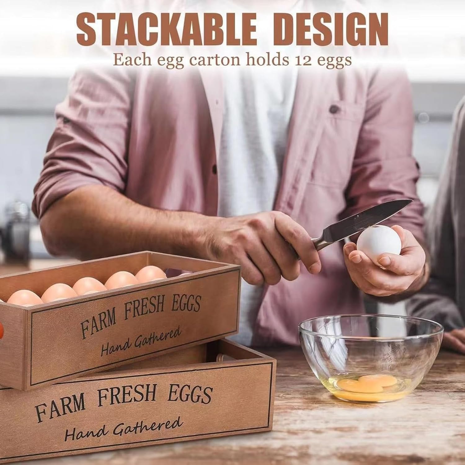 2Pcs Wooden Egg Holder, Stackable Wood Egg Storage Box with Slotted Design for Home Kitchen Countertop Farm Fresh Eggs Display Case.