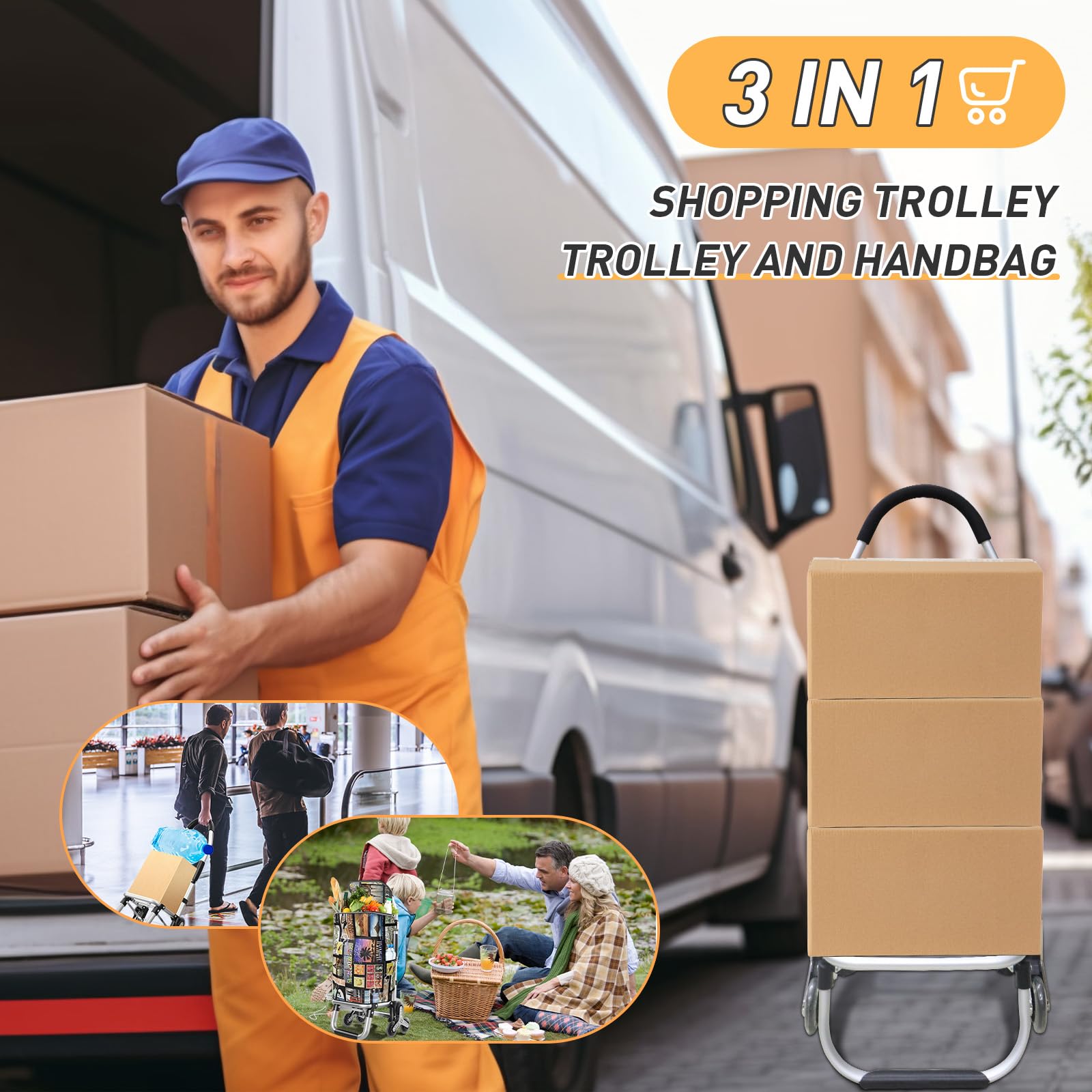 Carrello della spesa 3 in 1 resistente, carrello pieghevole a mano con 6 ruote, carrello della spesa da 49,9 kg, carrello portatile multiuso, borsa impermeabile per traslochi, campeggio