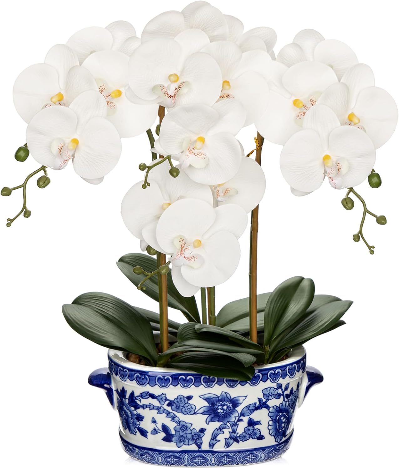Briful Orchid Artificial Flowers in Blue and White Porcelain Pot 19.7" White Faux Silk Orchid Arrangement Large Fake Orchid Floral Centerpiece for Elegant Home Office Living Room Kitchen Table Decor