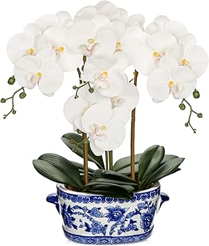 Briful Orchid Artificial Flowers in Blue and White Porcelain Pot 19.7" White Faux Silk Orchid Arrangement Large Fake Orchid Floral Centerpiece for Elegant Home Office Living Room Kitchen Table Decor