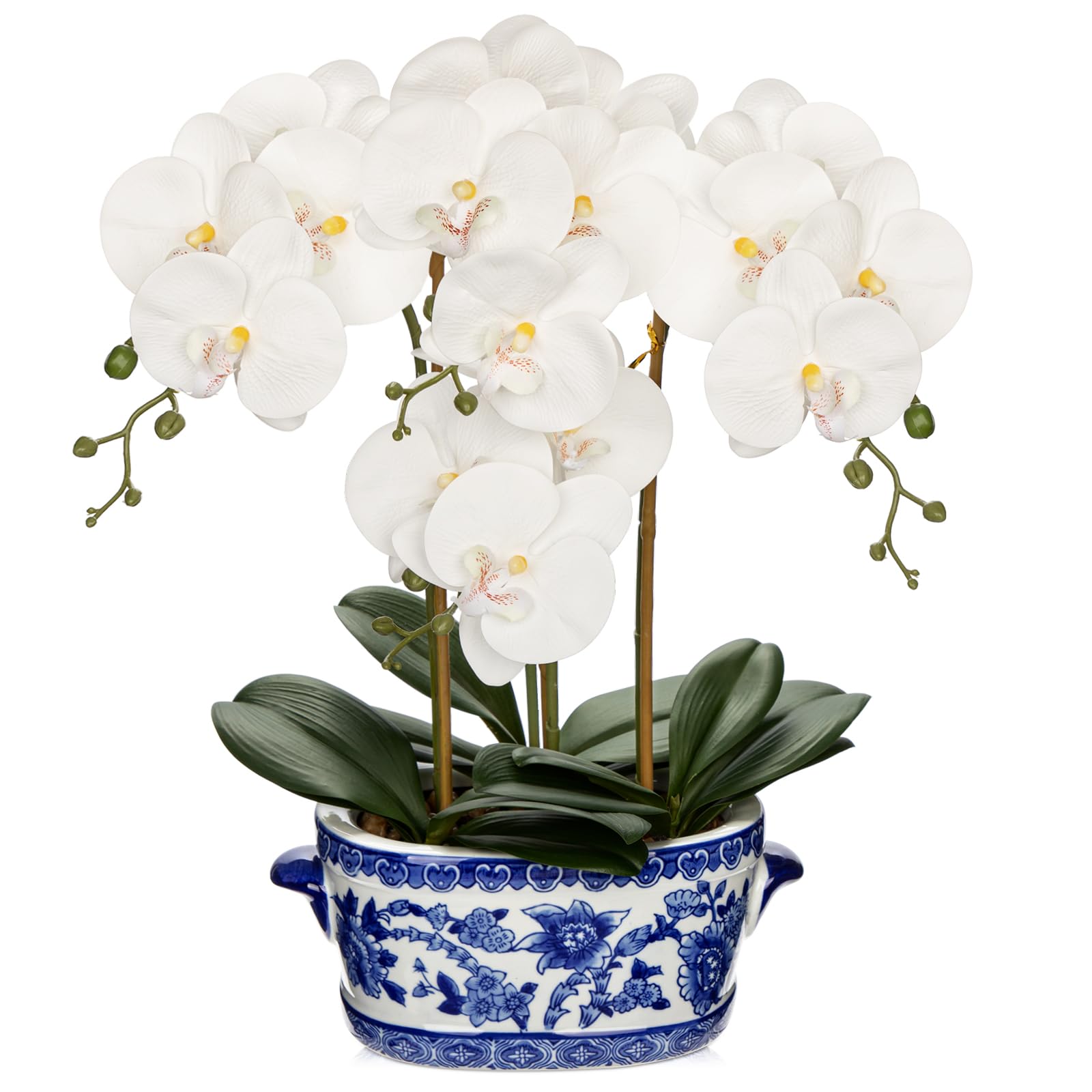 50cm Kunstpflanze Orchideen Groß Künstliche Orchideen im Weiß und Blau Keramik Topf Künstliche Deko Blumen Kunstblumen Wie Echt Mit Real-Touch Blüten Tischdeko Fensterbank Deko Hochzeit Deko