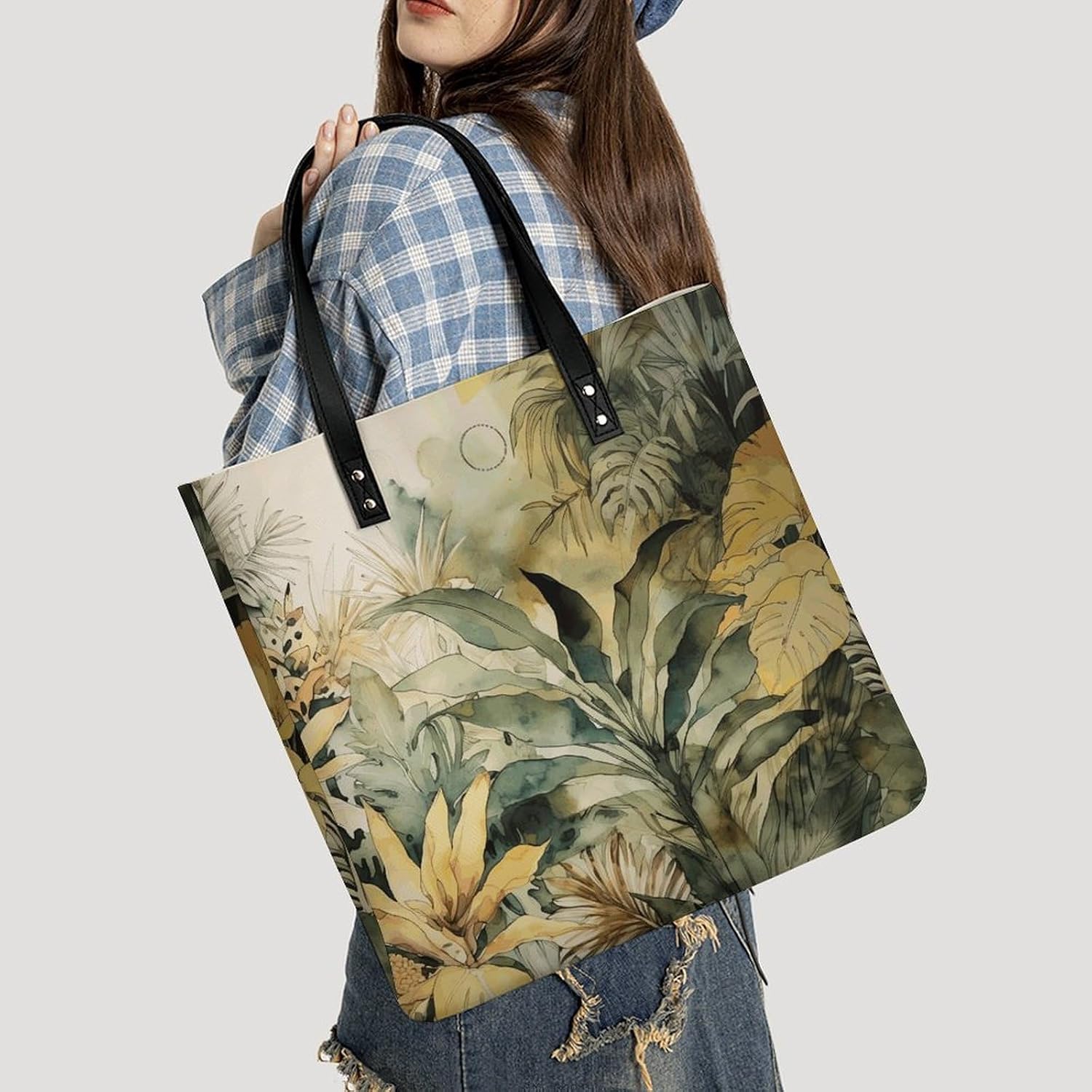 Ink Style Leaves Handbags Large Capacity, Tote Bag Stylish Slouchy, Shoulder Bags for Work Beach Travel And Shopping Grocery.