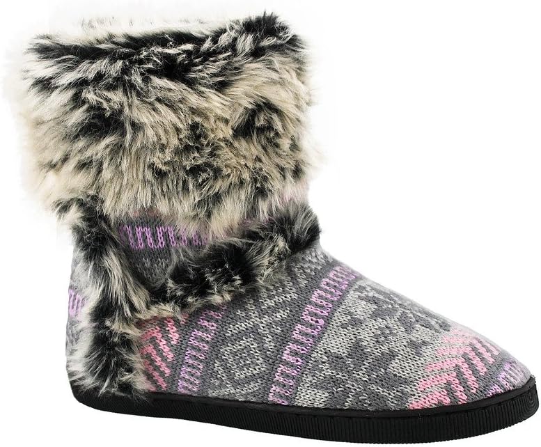 Ladies Cozy Faux Fur Trimmed Bootie Slipper, Pink, Size Small(5/6) US