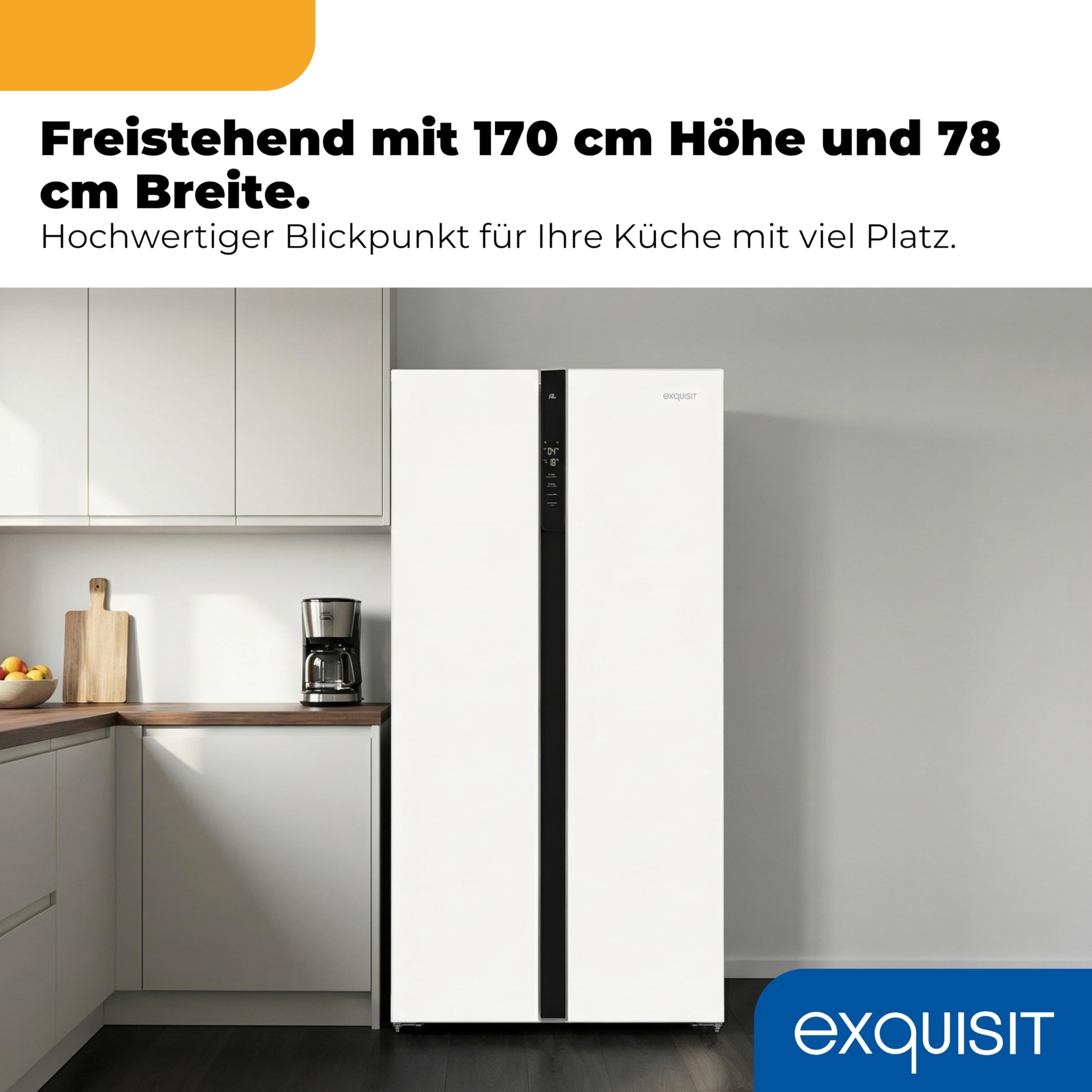 Exquisit Side-by-Side Kühlschrank SBS39-440E - No Frost Kühl-Gefrierkombi | 372 Liter Nutzinhalt, Energieklasse E, 41 dB leise, digitale Steuerung, LED-Licht & Türalarm, weiss