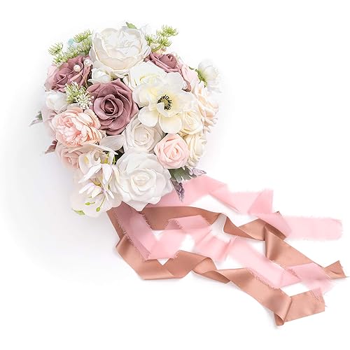 Ling's Moment Pink Cascading Bridal Bouquet, 11 Inch Wedding Bouquets for Bride, Bridal Bouquets for Wedding, Ceremony, Anniversary, etc.