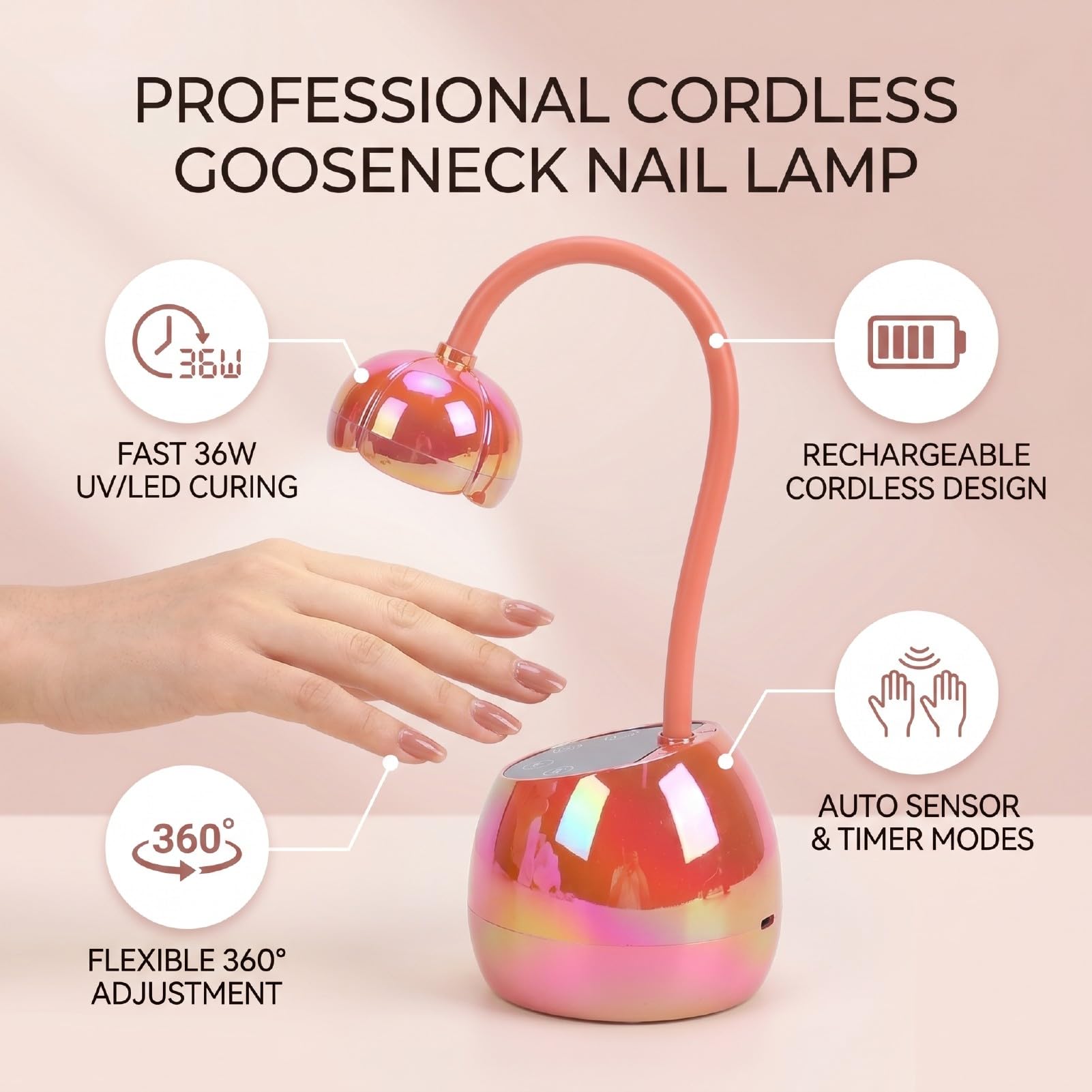 Lámpara de Curado de Uñas Recargable de 36 W con Sensor Automático para