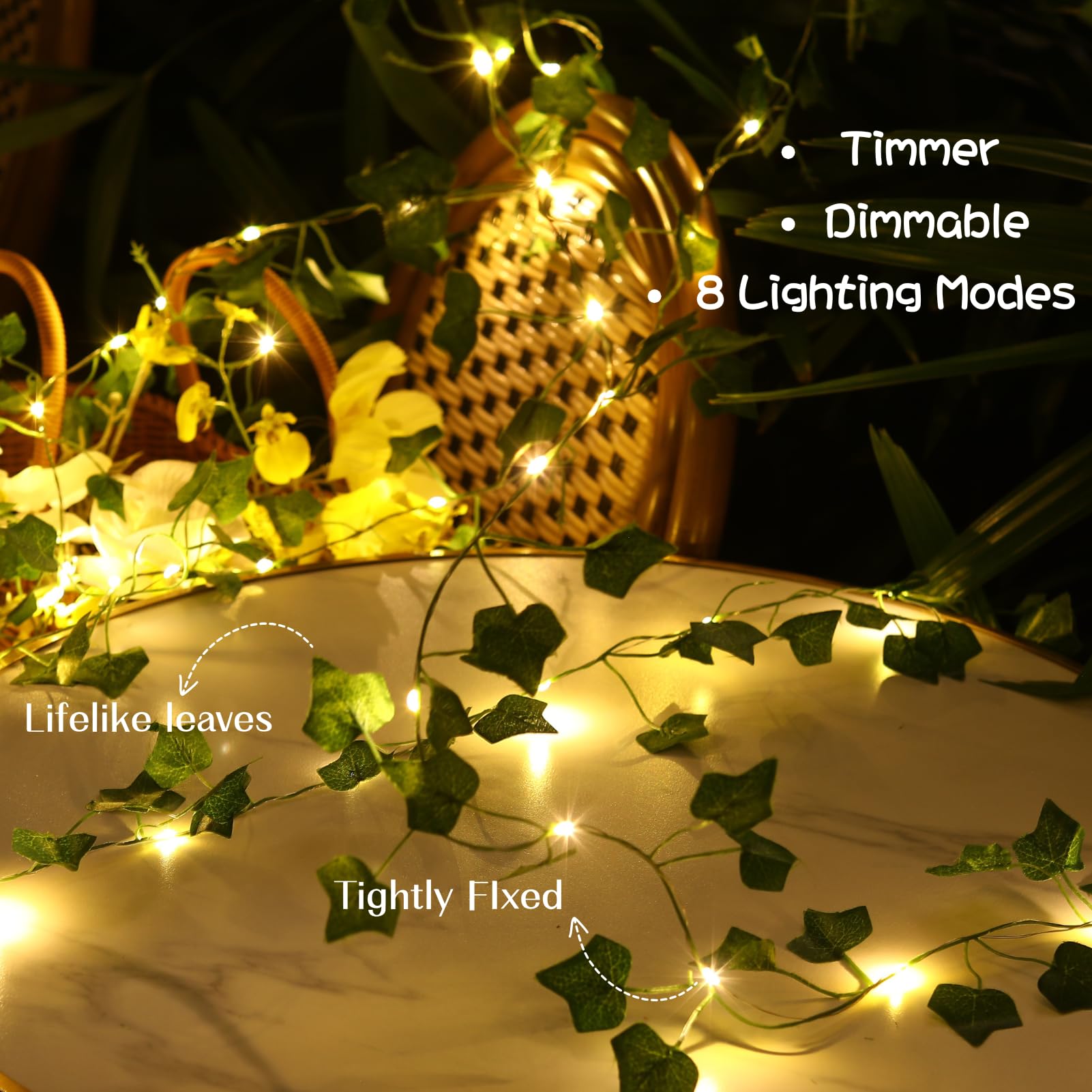 Vine con luces de hadas de 40 pies, 120 luces LED de hiedra con enchufe USB y luces de hoja que funcionan con pilas, con temporizador, 8 modos, luz decorativa remota para dormitorio, boda