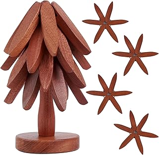 Set of 4 Wooden Trivets Foldable Heat Resistant Pots and Pans Hot Dishes Wooden Mat Kitchen Table Accessories 8" Diameter Tree Shape Trivet Set Coasters (Black Walnut)