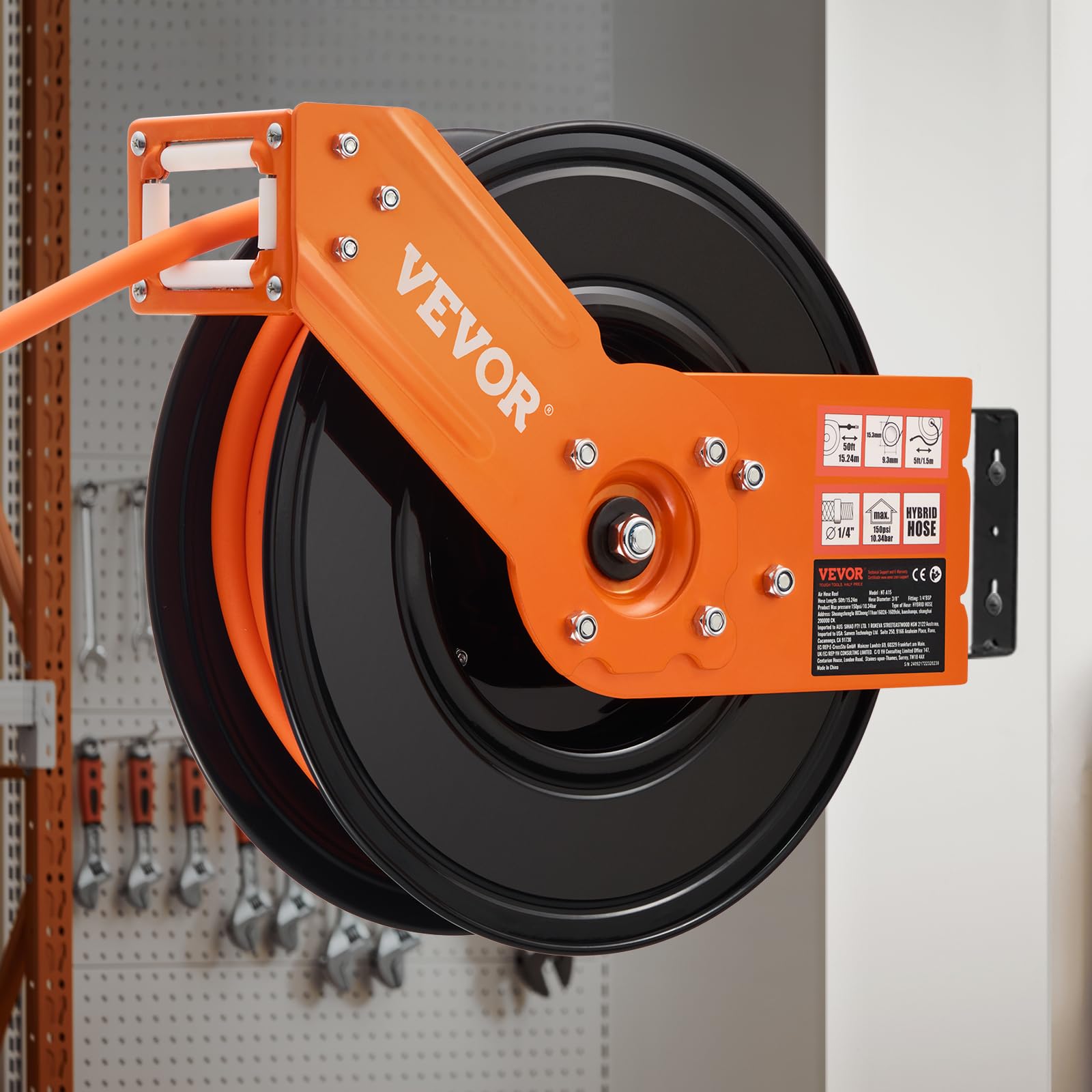 VEVOR Avvolgitubo Aria Compressa Retrattile Tubo Flessibile per Aria Compressa Ibrido Lunghezza 15,24m Pressione max. 300 PSI, Bobina Avvolgitubo Montaggio a Soffitto/Parete Staffa Girevole 180°