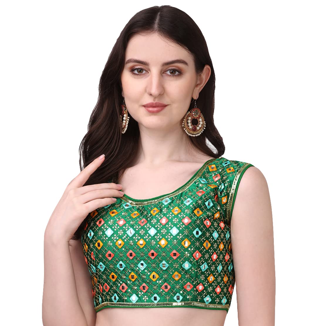Pujia Mills Women's Silk Embroidery Foil Work Sleeveless Readymade Saree Blouse