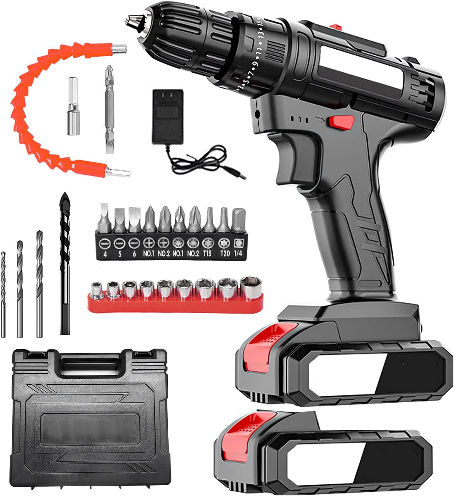 Cordless Drill Set, 21V Electric Drill with 2 Batteries & Charger, 3/8-Inch Keyless Chuck, 2 Variable Speed, 25+1 Torque Setting Power Tools Kit and Drill/Driver Bits