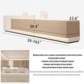 Modern Reception Desk with Counter, Front Desk with Lockable Drawer and DIY Light, No Assembly Required, Customizable Logo, Wooden Checkout Counter for Office Retail Spaces and Salon (Left, 55)