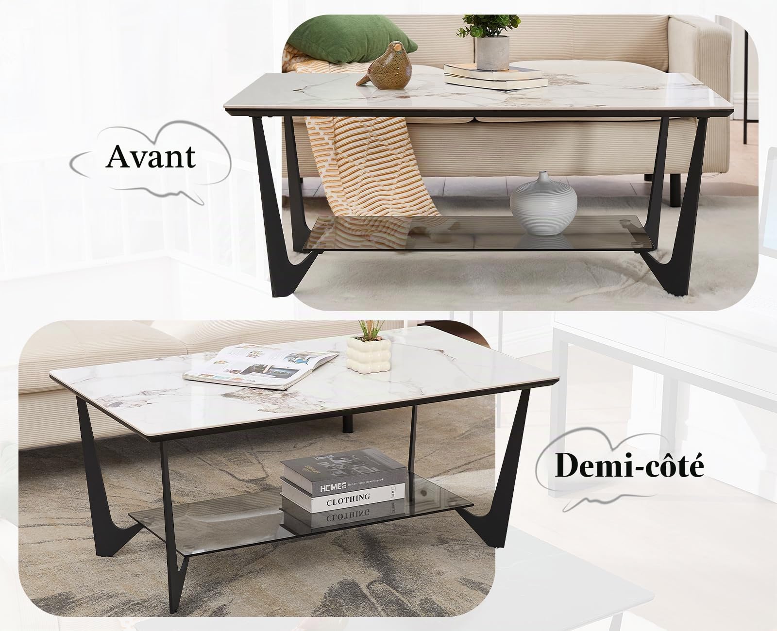 chairus Table Basse Moderne, Table de Salon, Deux Plateau, Blanc