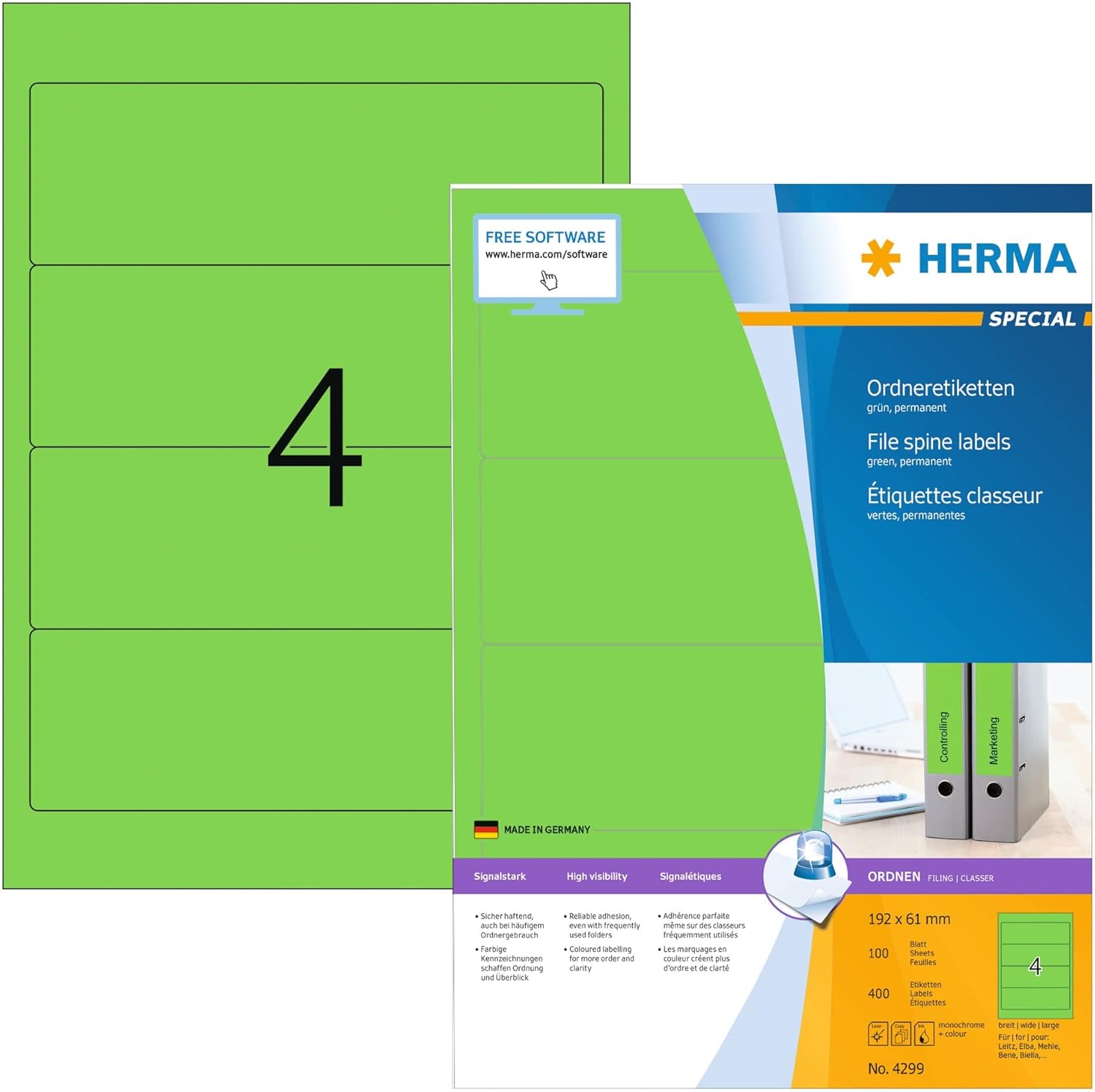 HERMA 4299 Self Adhesive Spine Labels, 4 Labels per A4 Sheet, 100