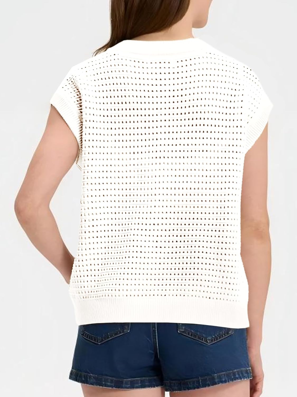 Saodimallsu Womens Short Cap Sleeve Sweater Vest Crochet Button Down Cardigans Crew Neck Summer Knit Tops - Image 6