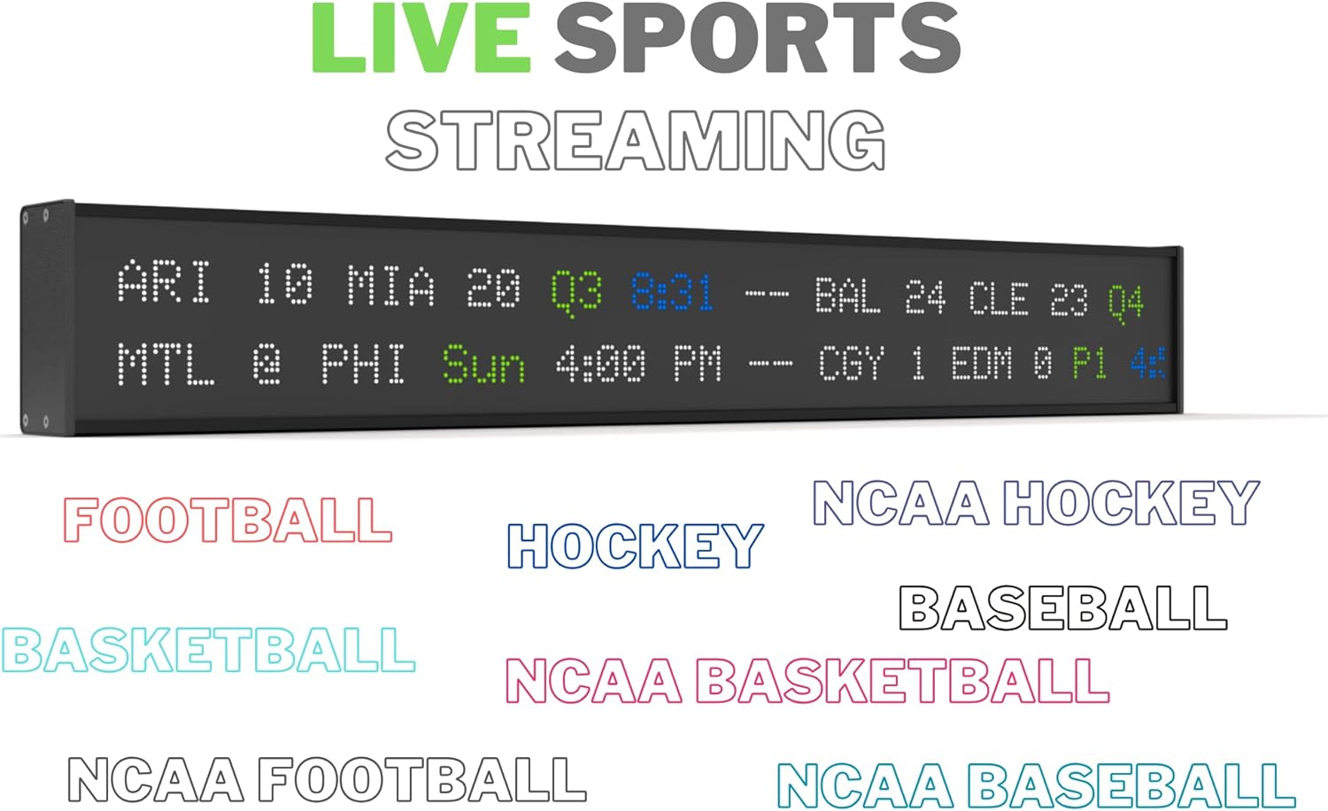 Wolf Real Time Stock Ticker and Sports Ticker, Crypto, Forex, Commodities Prices, Sports Scores on All Major League’s Sports Teams. Dual line Streaming on a high Definition Display
