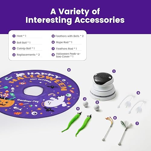 Miniatura 6 de Gardner Pet Juguetes láser para gatos de Halloween, recargable 5 en 1, juguete interactivo automático para gatos, pluma de emboscada móvil, bolas de
