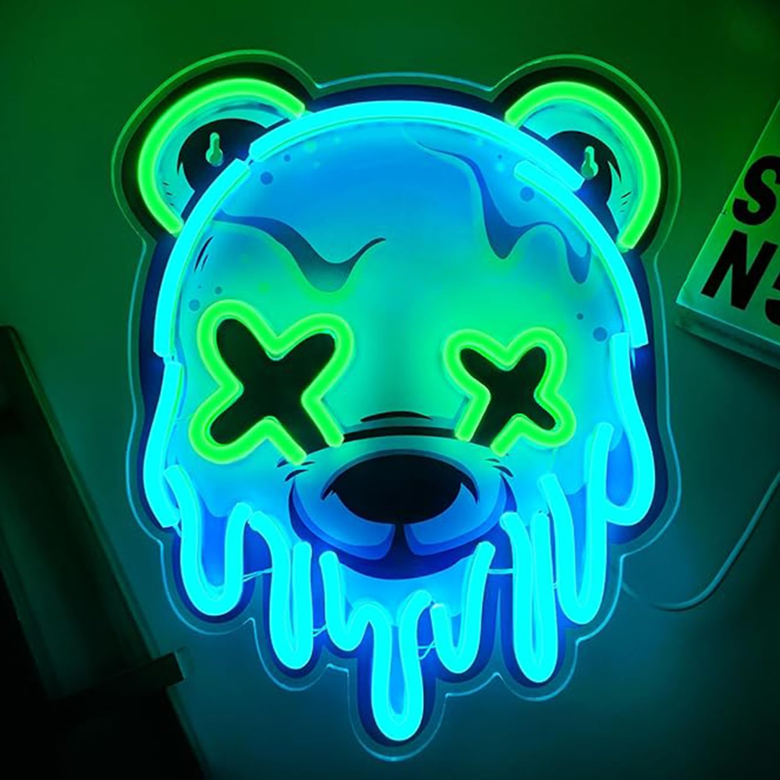 Maimeili Bear Head with X-Shaped Eyes UV Print Neon Sign for Man Cave Bedroom Room Lights Neon Light Up Signs Decorations Birthday Party