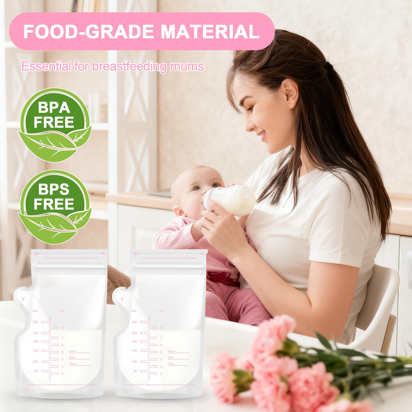 120 Stück Muttermilchbeutel, 250ml / 8oz Einweg-Milch Muttermilch Aufbewahrung BPA-freie Milchbeutel für Muttermilch mit Ausgießer für das Stillen Auslaufsicher Kann Eingefroren Werden