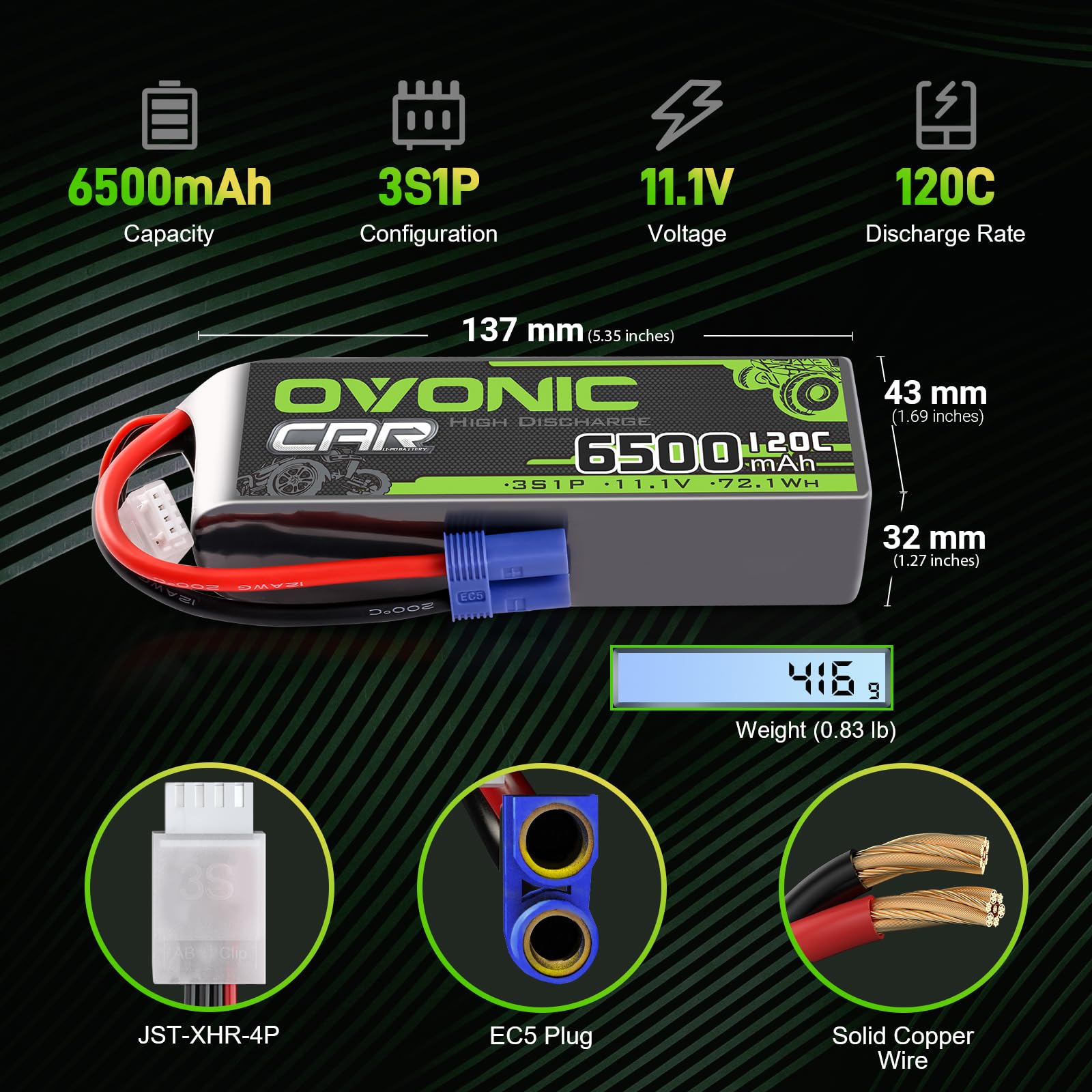 OVONIC Lot de 2 batteries Lipo 3S 11,1 V 6500 mAh 120 C avec fiche EC5 pour voiture, truggy, quadcoptère, hélicoptère, camion, bateau, avion