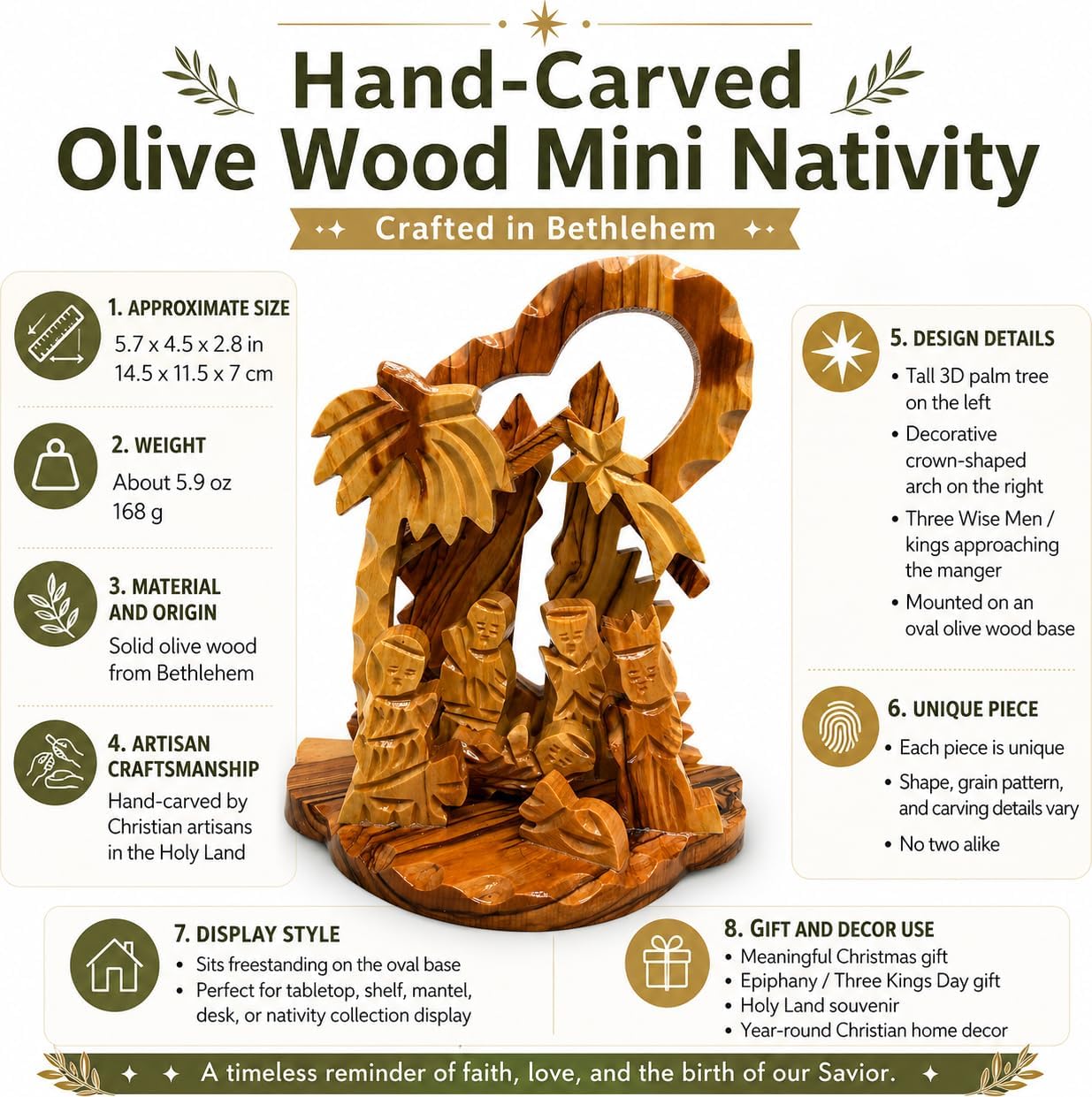 Zuluf Christmas Keepsake Three Kings Nativity, Hand Carved Olive Wood from Bethlehem, 5.7 Inch, Palm Tree Crown Arch Three Wise Men Israel Souvenir Religious Heirloom Decor