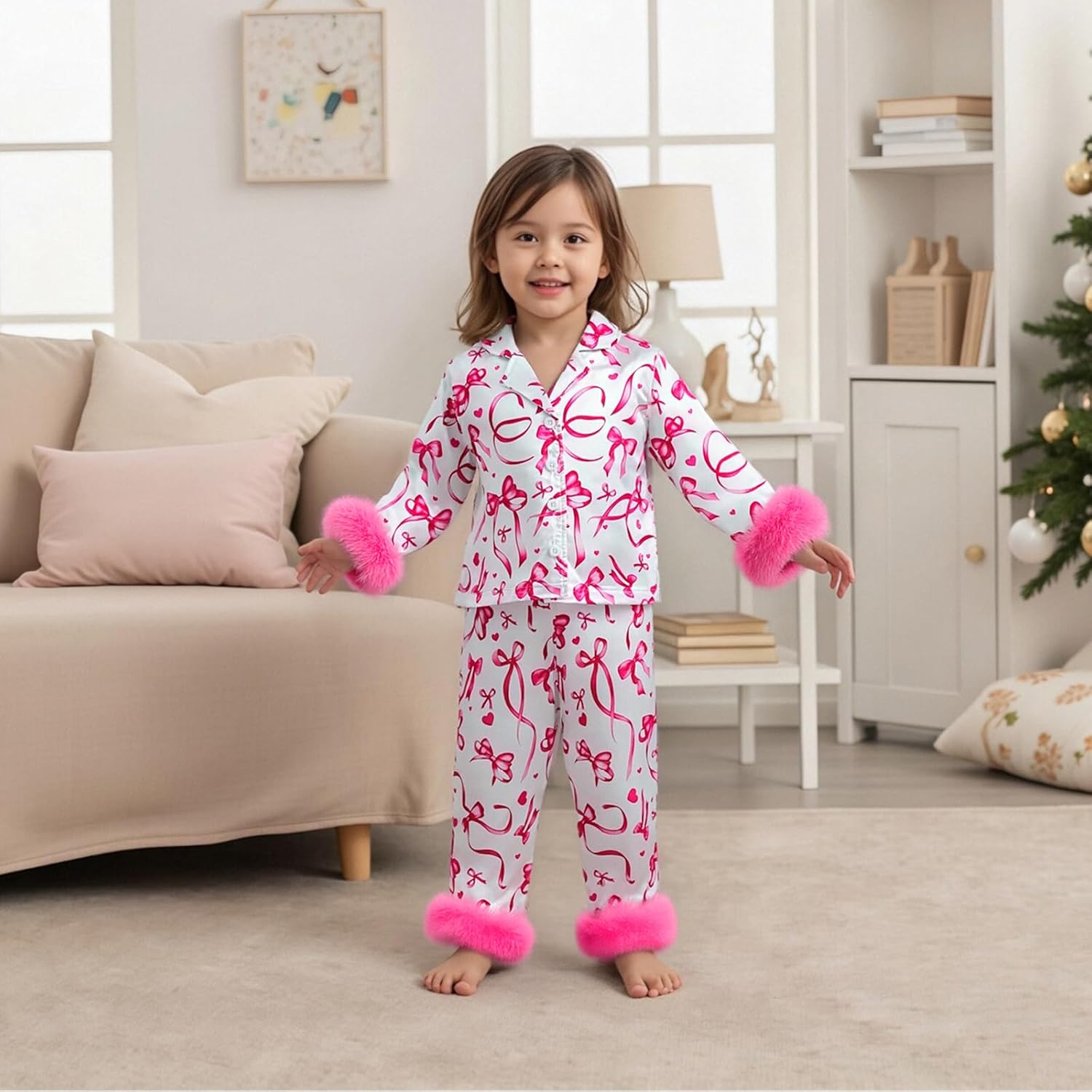 Toddler Girl Halloween Pajamas Pumpkin Bow Print Pajama Girls Loungewear | Little Girl Halloween Pajamas Satin Lapel Fuzzy PJ Set Pumpkin Ghost Print Shirt Tops and Pants Kids Silk Sleepwear