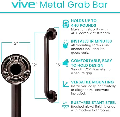 Miniatura 2 de Vive Grab Bar for Bathtubs and Showers - Handicap Bathroom Safety Handrail for Elderly - Wall Senior Rail Handle for Tub, Toilet, Bath Satén negro