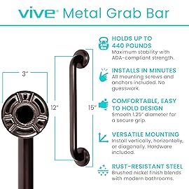 Vive Grab Bar for Bathtubs and Showers - Handicap Bathroom Safety Handrail for Elderly - Wall Senior Rail Handle for Tub, Toilet, Bath