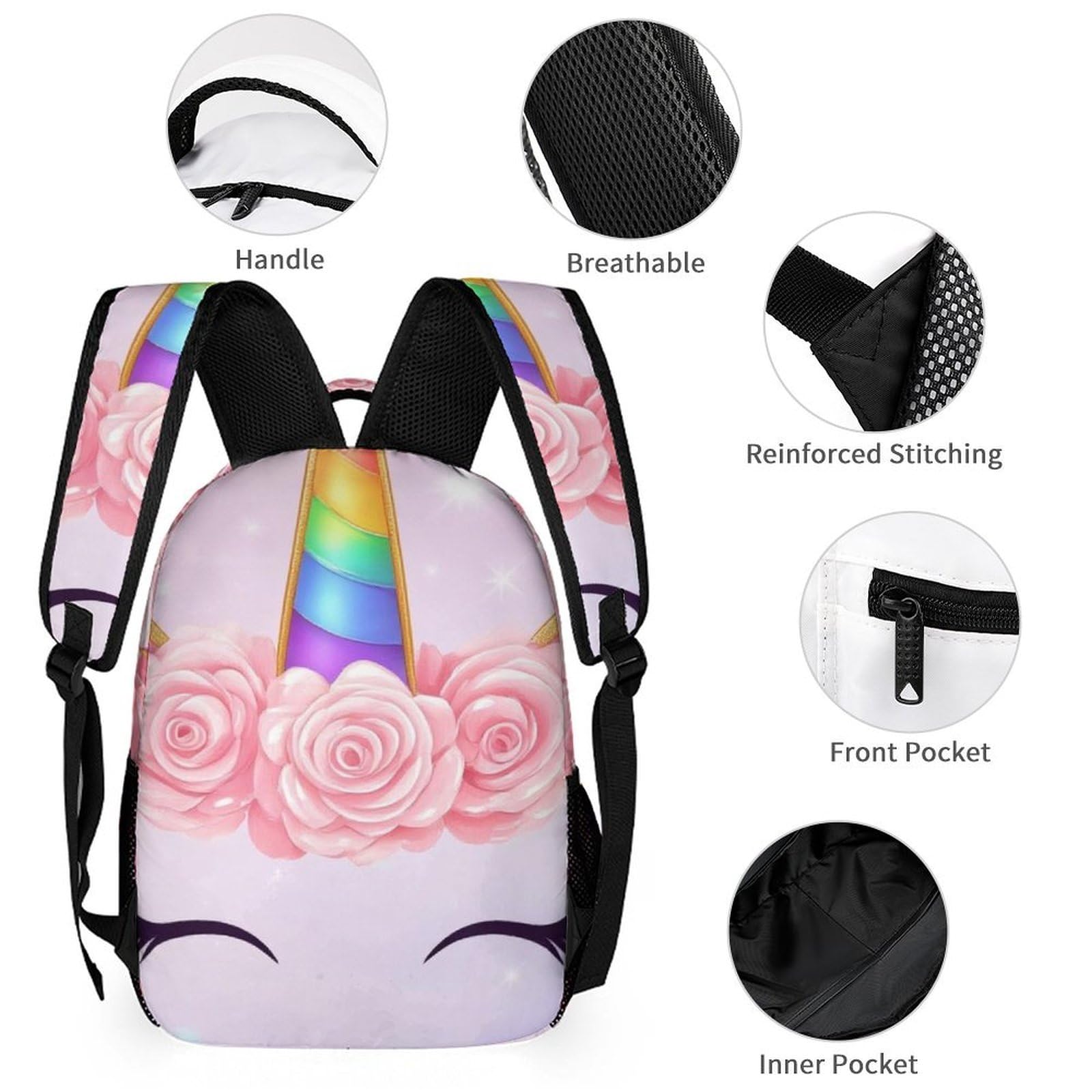 Ensemble sac à dos avec boîte à lunch et trousse de maquillage, idéal pour les voyages (motif licorne rose) (1