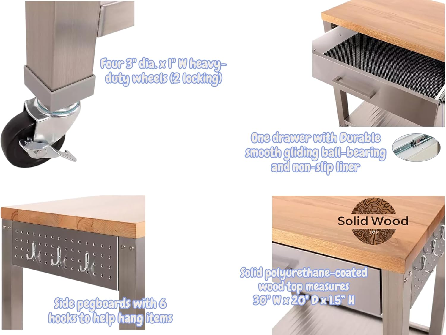 Heavy Duty Stainless Steel Rolling Kitchen Cart with Solid Wood Top and Drawers, (Stainless Steel, 30" W x 20" D x 36" H)