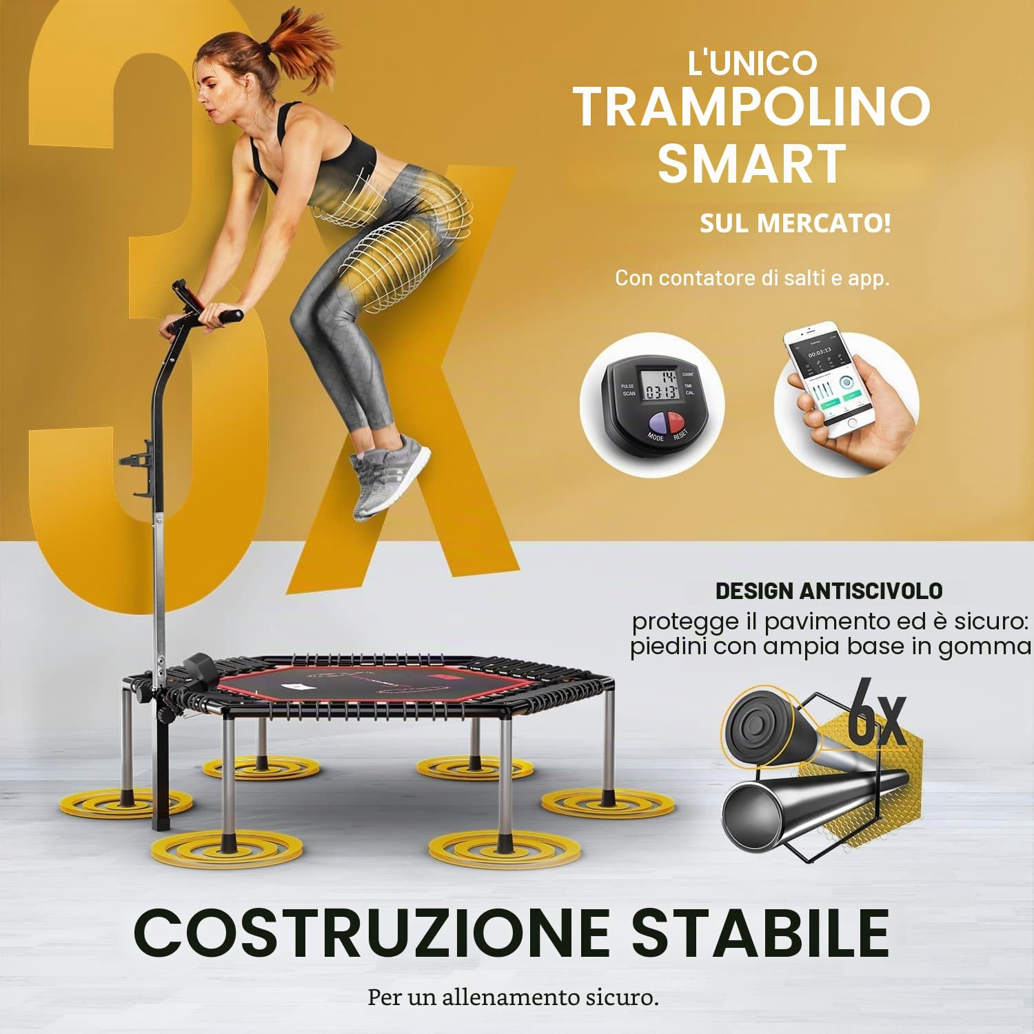 Sportstech HTX100 Trampolino pieghevole | Marchio di qualità tedesco | Trampolino fitness con maniglia | Jumping interno per bambini e adulti | TÜV/GS, contatore di salto, app | Supporto per cellulare