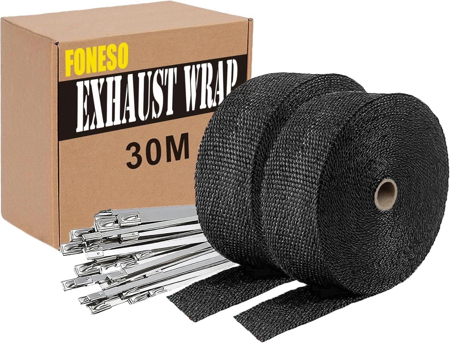 Car Exhaust Wrap, Foneso Exhaust Tape Bandage Titanium Black Fiberglass Heat Insulation Wrap Roll with 24 Pcs Stainless Steel Zip Ties, for Motorcycle Car Exhaust Pipes, Mainfold (Black, 30M)