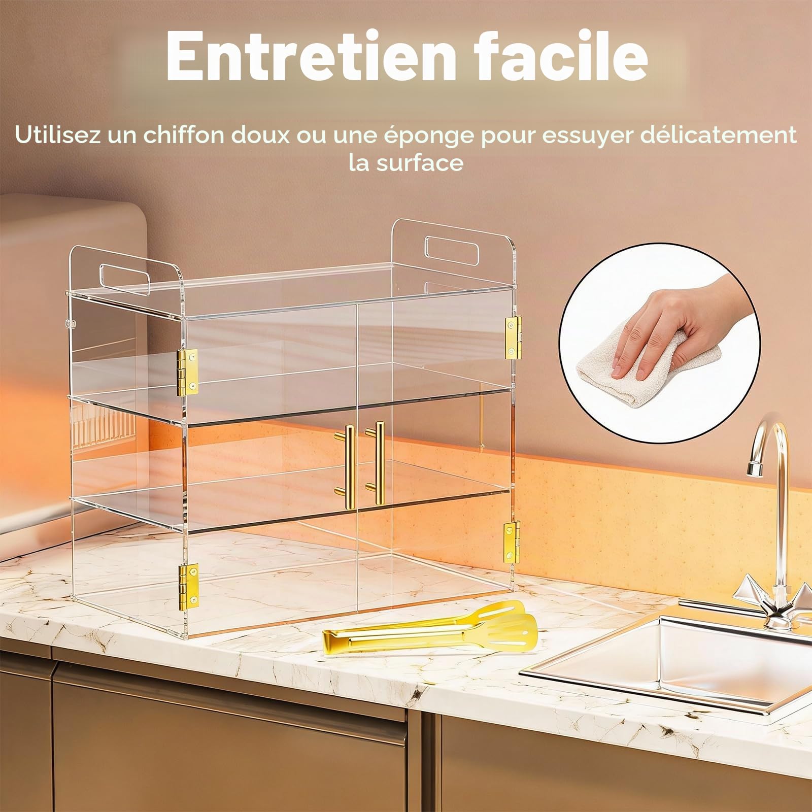 Vitrine de boulangerie 3 niveaux avec porte automatique élastique et poignée, 49.5cm x 26cm x 38cm Acrylique clair boîte d'affichage de pâtisserie pour pain Dessert Cookie cuisson