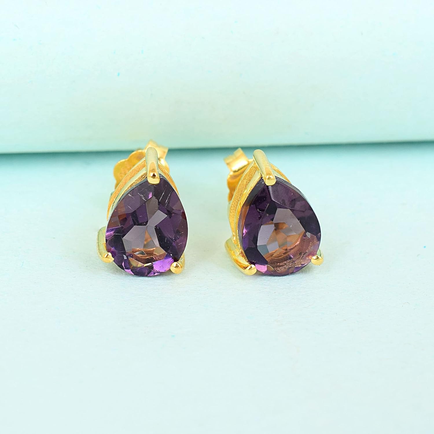 Women's 18K Gold Plated Metal 7x9 Pear Shape Gemstone Gemstone Stud Earrings - Birthstone Stud for Her - Image 5