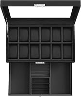 Vista 78 de SONGMICS Caja de reloj, organizador de 20 ranuras para reloj con tapa de vidrio grande, almohadas extraíbles, cerradura de metal, regalo para seres