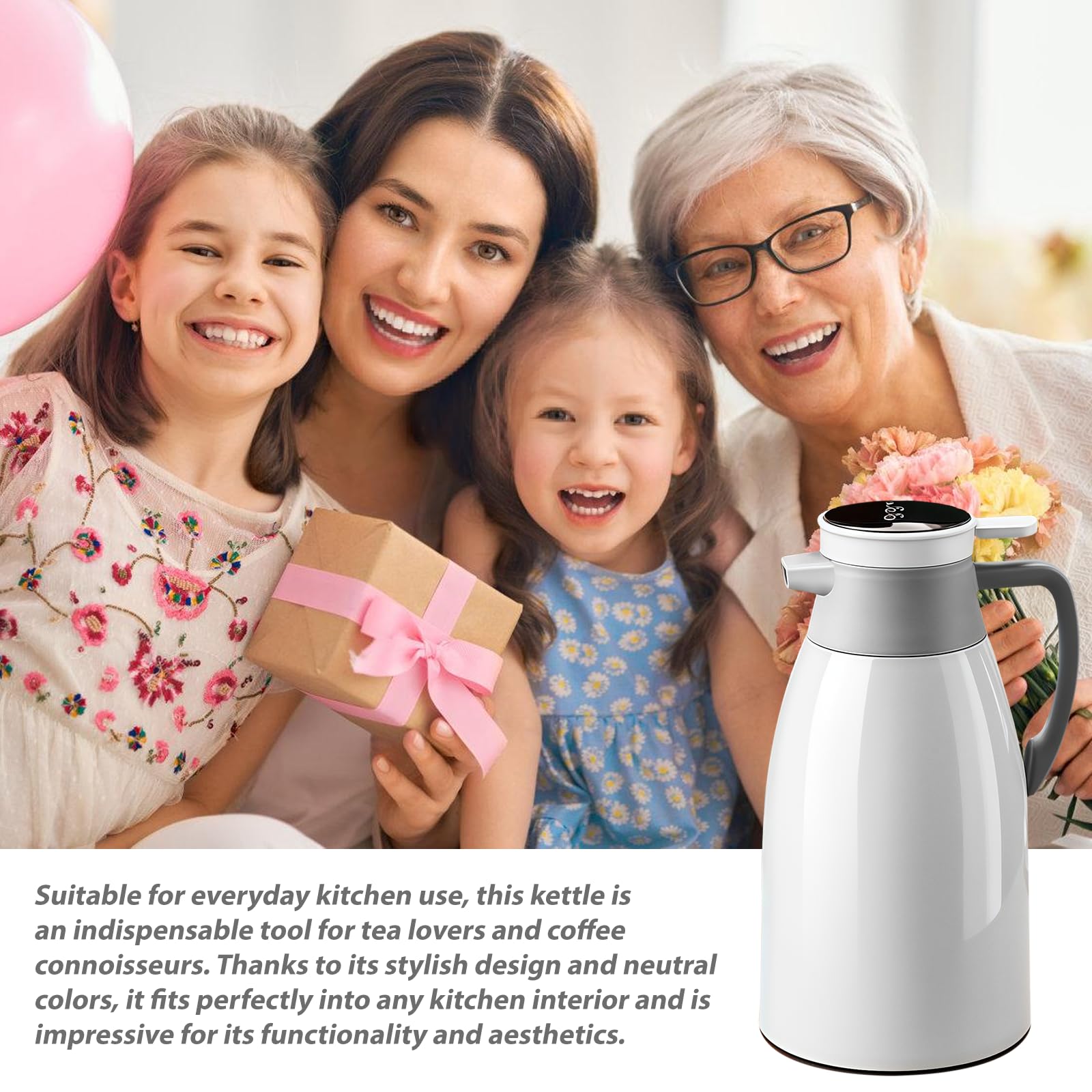 Thermos 24 ore isolamento termico: 2 l, acciaio inox, isolamento sottovuoto, indicatore intelligente temperatura, bevande calde fredde (bianco)