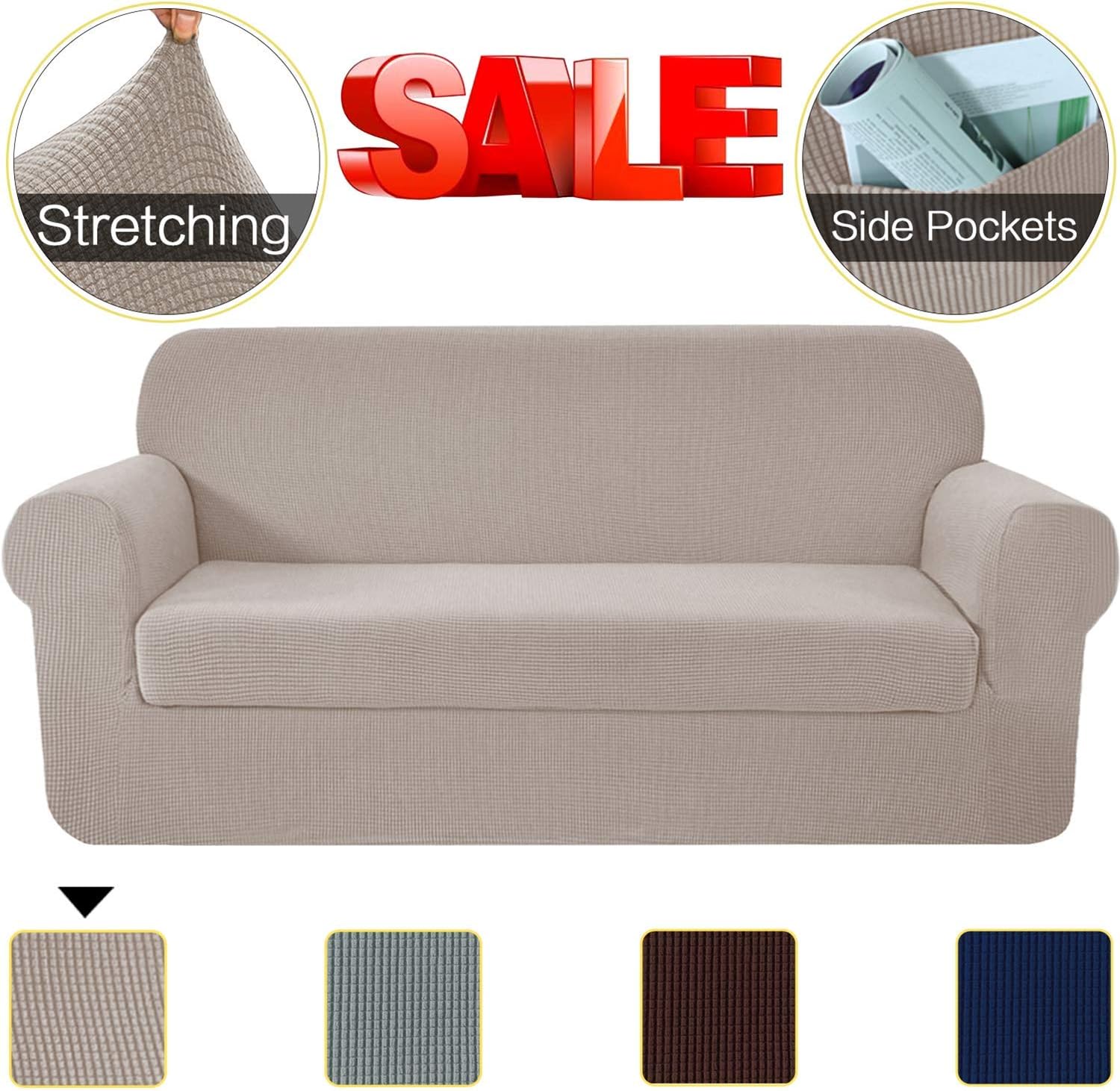 SimpleHome 2 Pieces High Stretch Couch Cover with Separate Cushion Cover, Furniture Cover/Protector with Pockets, Spandex Jacquard Small Checked Pattern Fabric Sofa Cover for Living Room (Sofa, Sand)