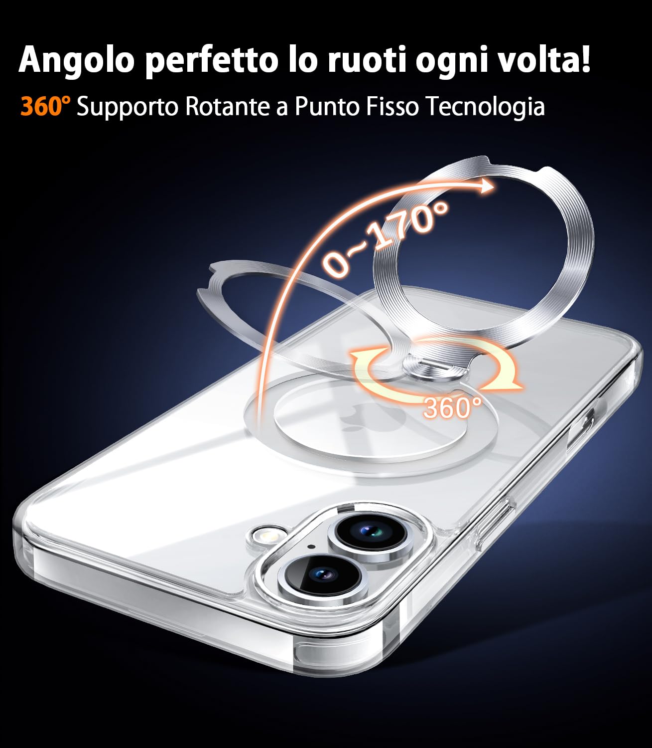 HaloArt 360° Girevole Supporto Magnetica Cover per iPhone 16 Plus [Stabile CD Anello Supporto per MagSafe] [N.1 Potenza Magnetica & Protezione Militare]Custodia Protettiva Antiurto Sottile,Trasparente