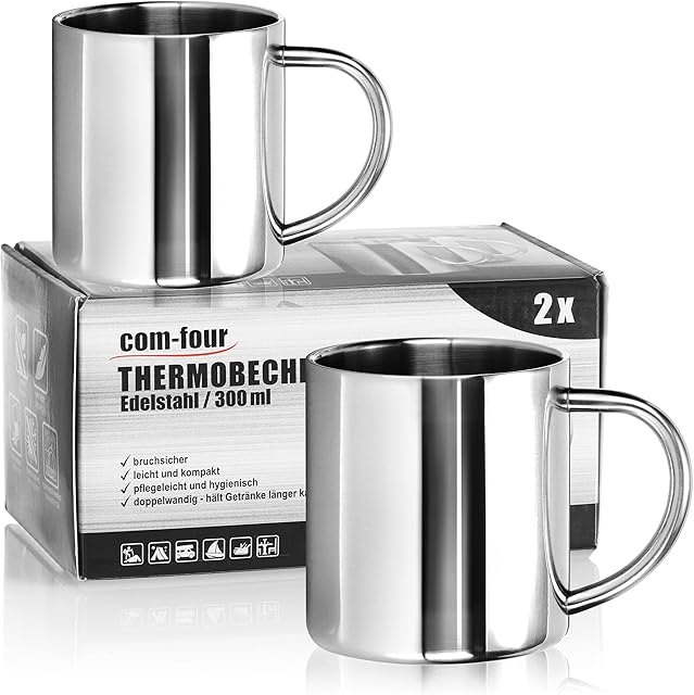 COM-FOUR® 2x kubek termiczny ze stali nierdzewnej - 300 ml na kubek - dwuscienny kubek izolacyjny - nietlukacy kubek do kawy - termiczny kubek do picia - kubek kempingowy - kubek - bez BPA (300ml)