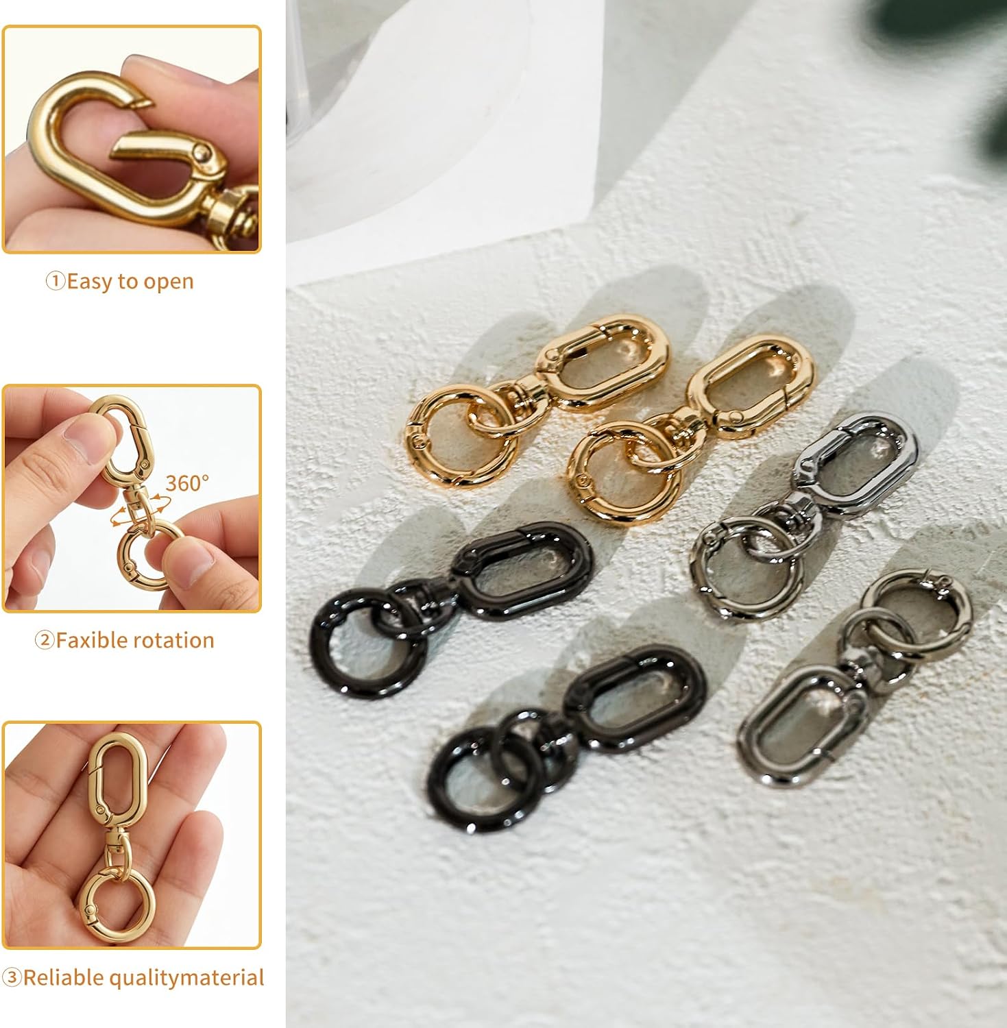 6 Pack Black Gold Silver Double Opening Swivel Clasp Clips Metal Spring Snap Hooks Key Chain Clips for Lanyard Making DIY Crafts Jewelry Bags Purses Accessories