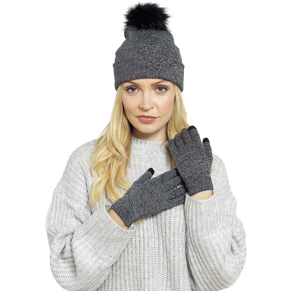 Foxbury Ladies Bobble Hat & Touch Screen Gloves Set GL550 Marl Grey
