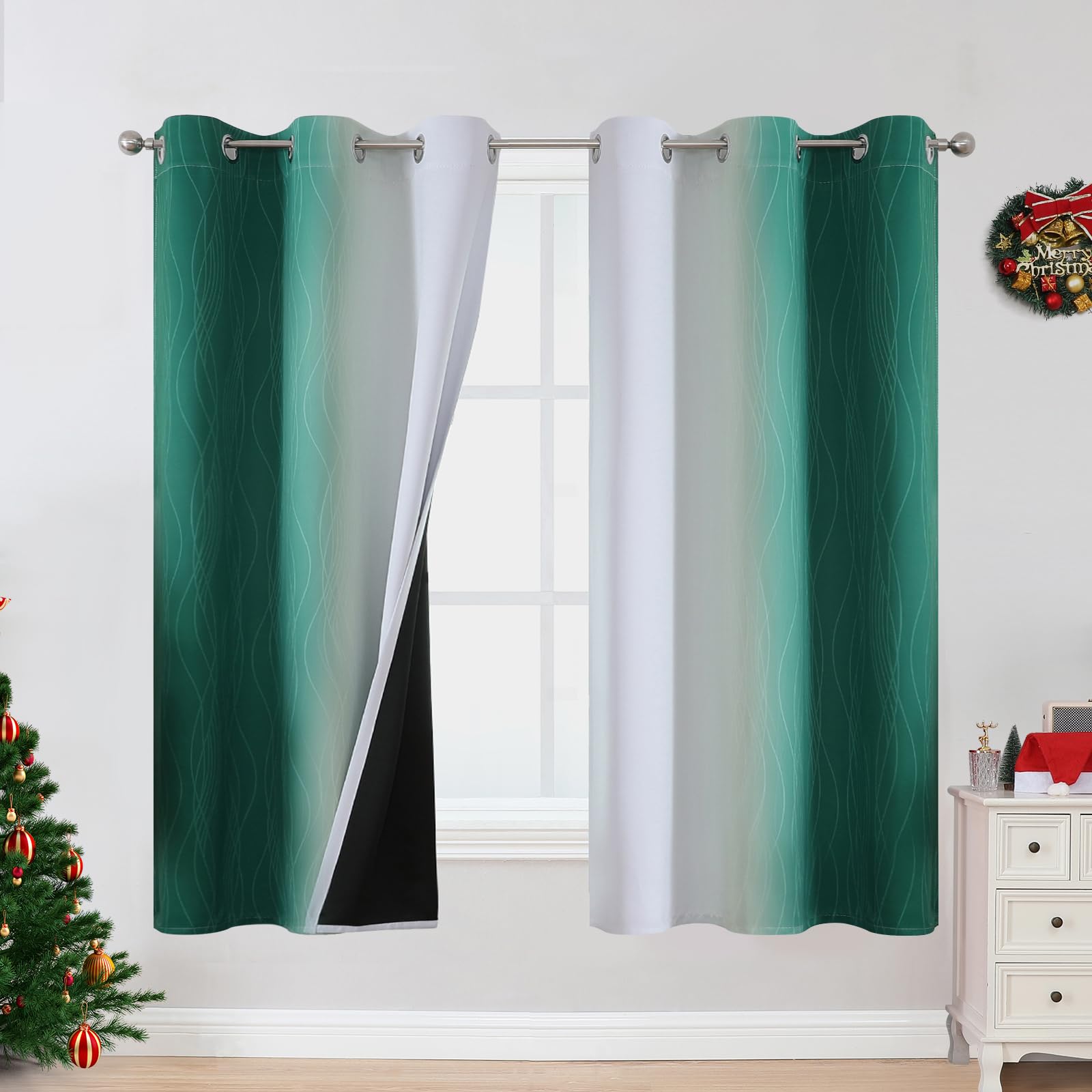 Estelar Textiler Ombre Greyish White and Green Blackout Curtains &amp; Drapes for Bedroom, Thermal Insulated Full Light Blocking Grommet Blackout Spring Drapes for Kids Room, 42Wx63L, 2 Panels
