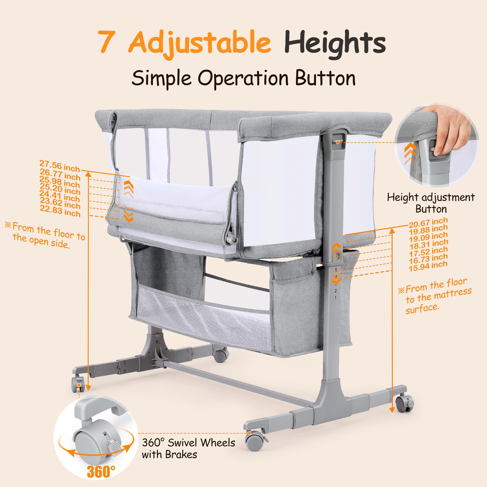Beistellbett Baby Bettseitiger Bassinet für Neugeborene Tragbar mit Rädern Höhenverstellbar Hellgrau